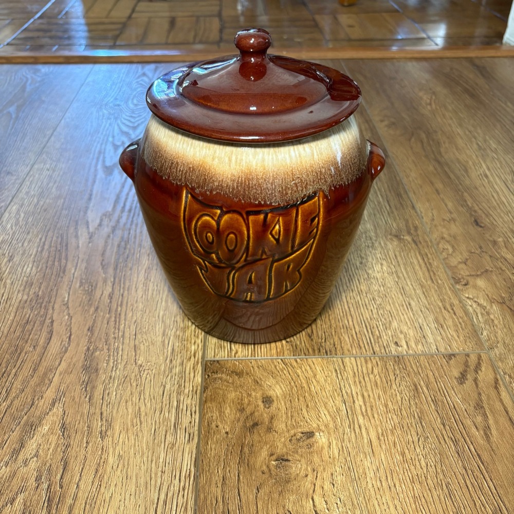 Vintage 70s McCoy Brown Drip Glaze‎ Cookie Jar USA Pottery 7024 MCM Retro Boho